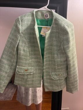 Anne Klein Mint Green Tweed Open Front Blazer